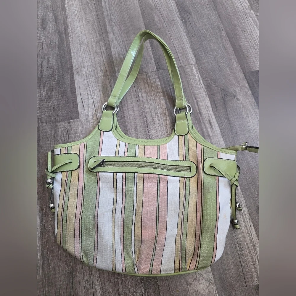 Green Pink Striped Bag Beach Bucket Shoulder Cittage Preppy Wedding Classy Tote